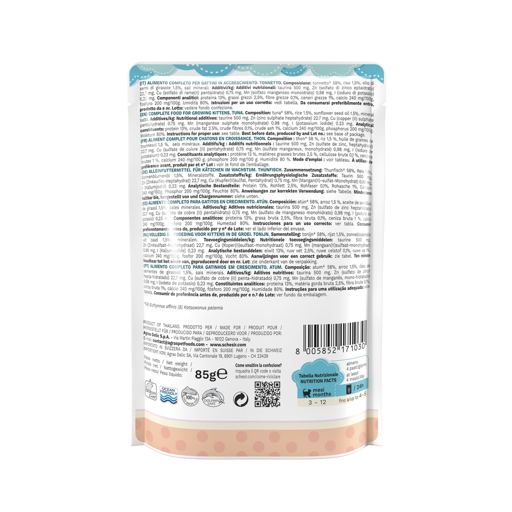 Schesir Kitten Cat Pouch - Tuna Recipe for Kittens 3-12 Months - 85g