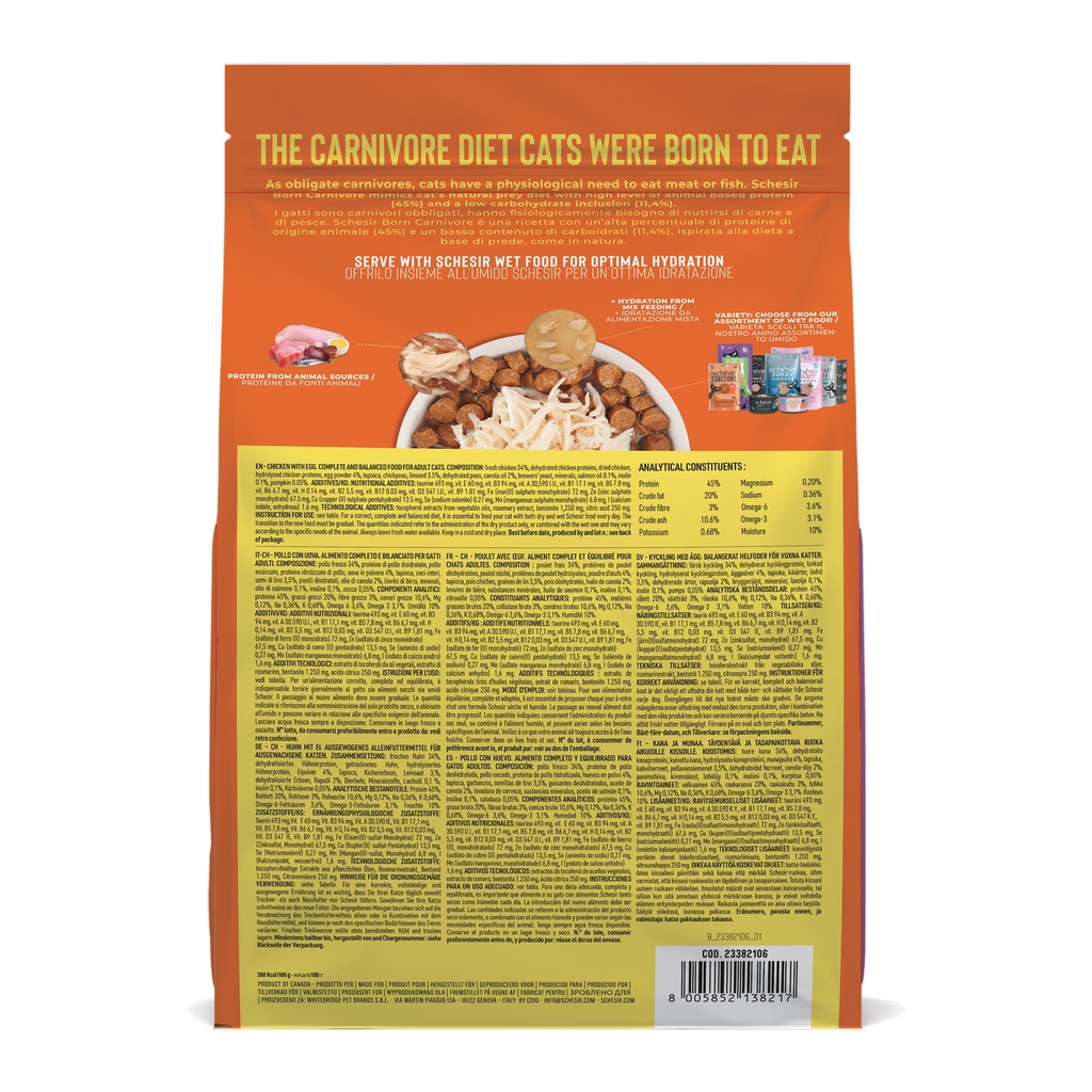 Schesir Born Carnivore Dry Cat Food - Chicken & Egg - Bag 1.25kg