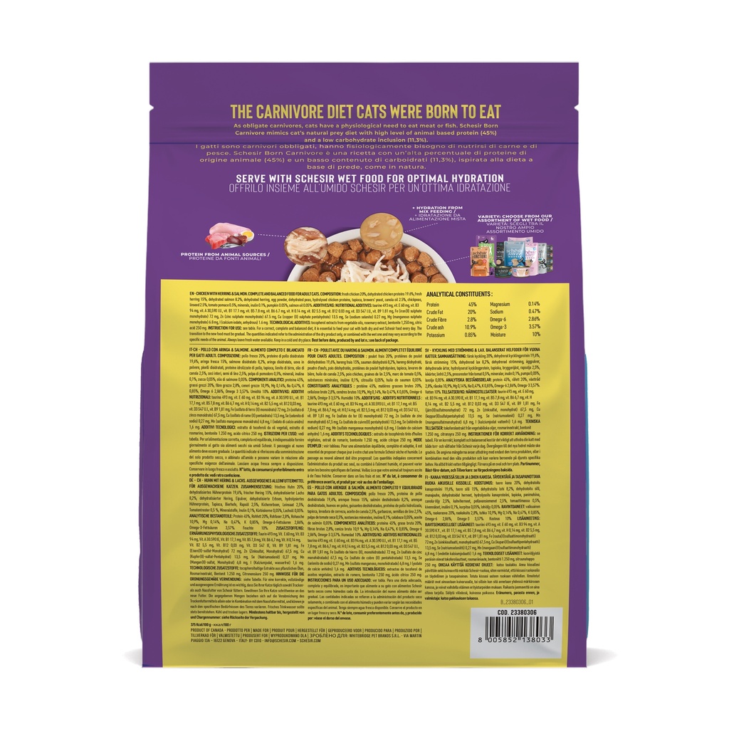 Schesir Born Carnivore Dry Cat Food - Chicken & Herring -Bag 255g