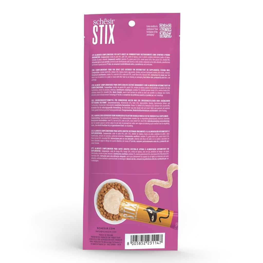 Schesir Stix Cream Treat Snack - Chicken Flavor - 6x15g Sticks