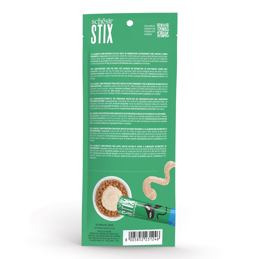 Schesir Stix Cream Treat Snack - Tuna Flavor - 6 x 15g Sticks
