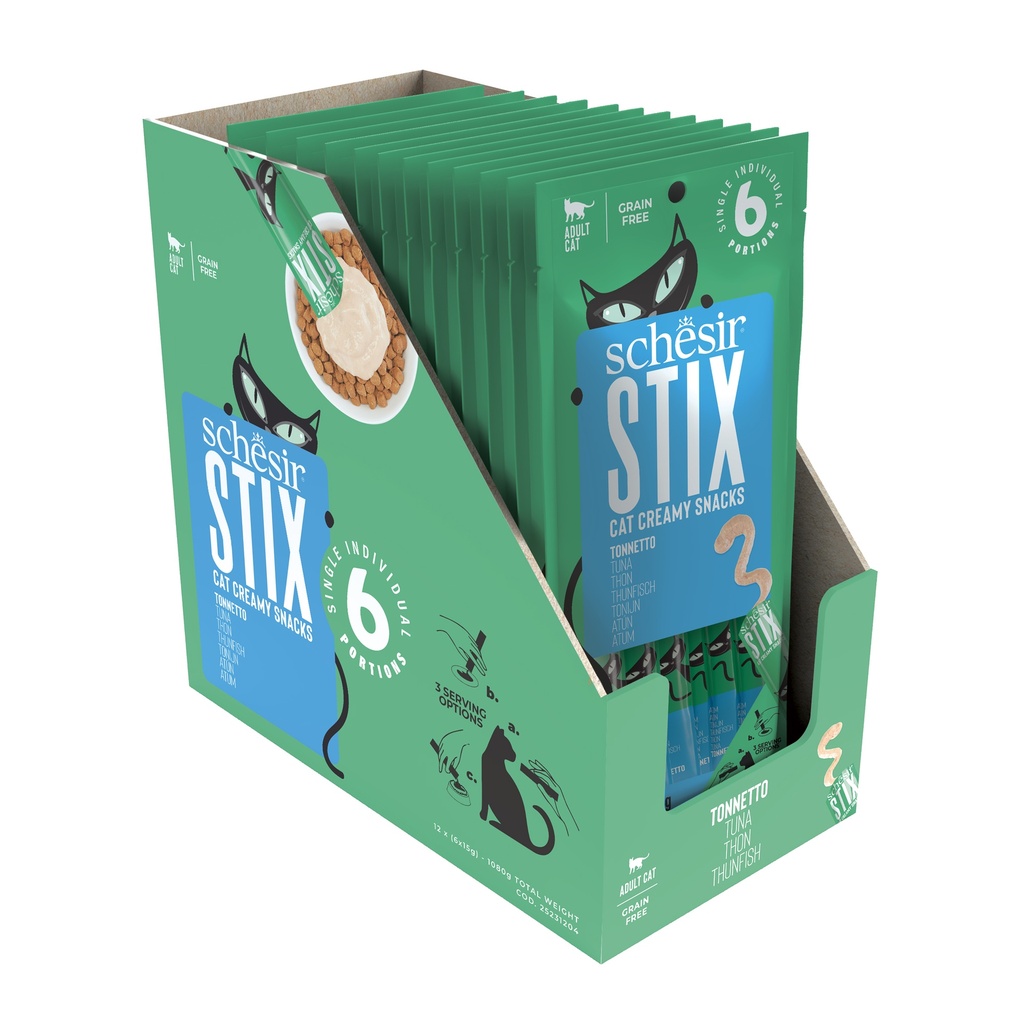 Schesir Stix Cream Treat Snack - Tuna Flavor - 6 x 15g Sticks